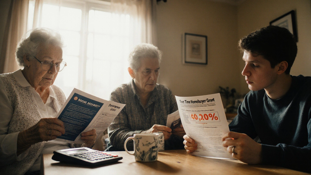 Three generations in living room, each focused on different financial documents, sunlight streaming in.