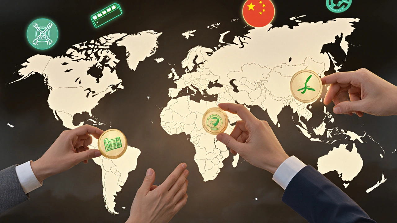 Three hands placing national symbols on a glowing global map of clean energy technologies.