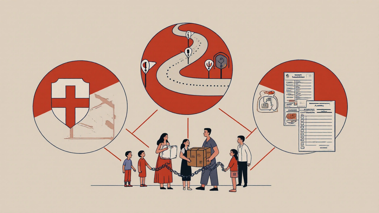Three interconnected symbols—GPS points, a safe corridor, and scanned packages—form a protective shield around civilians receiving aid.