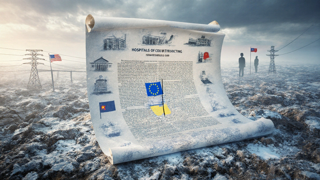 Translucent peace treaty transforming war damage into reconstruction symbols across Ukraine