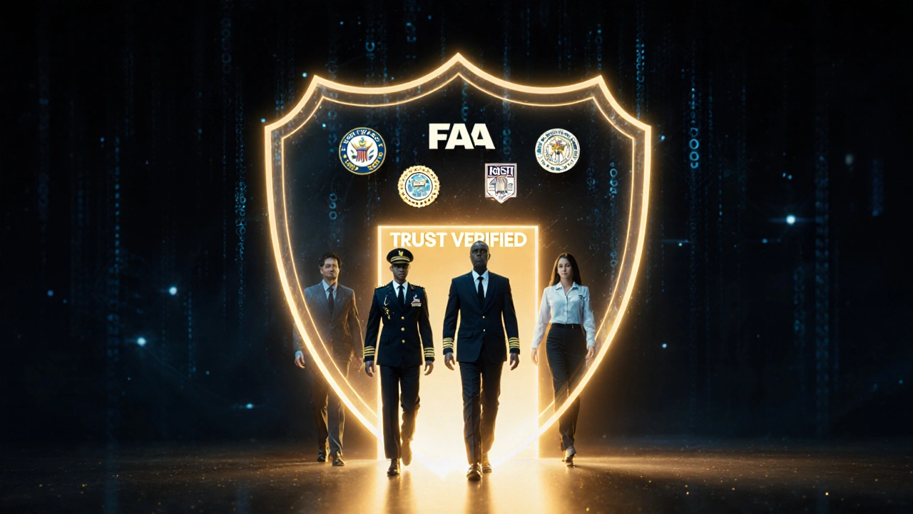 Transparent verification badge emitting light over professionals in high-trust jobs.