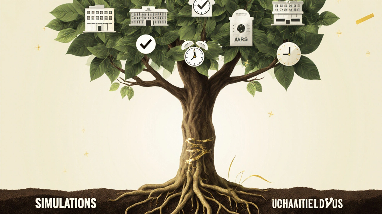 Tree with roots in simulations and AARs, branches connecting health systems, one branch breaking under neglect.