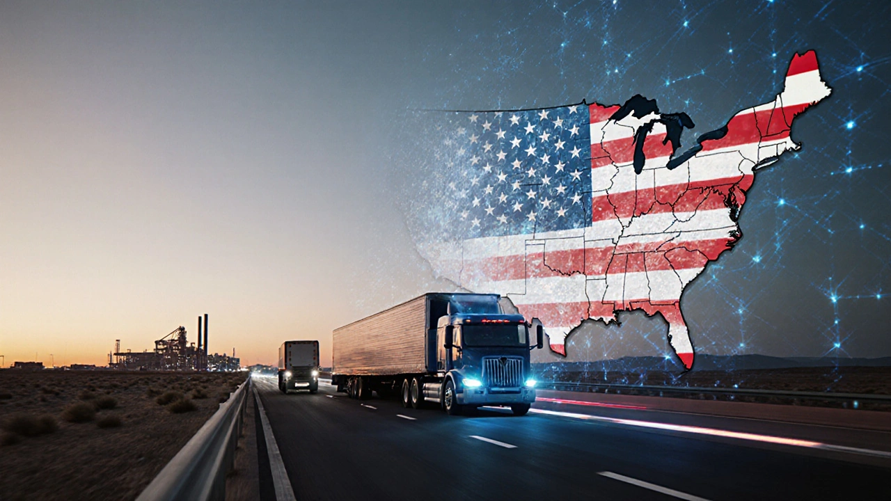 Truck crossing U.S.-Mexico border with factory in background, symbolizing North American supply chain.