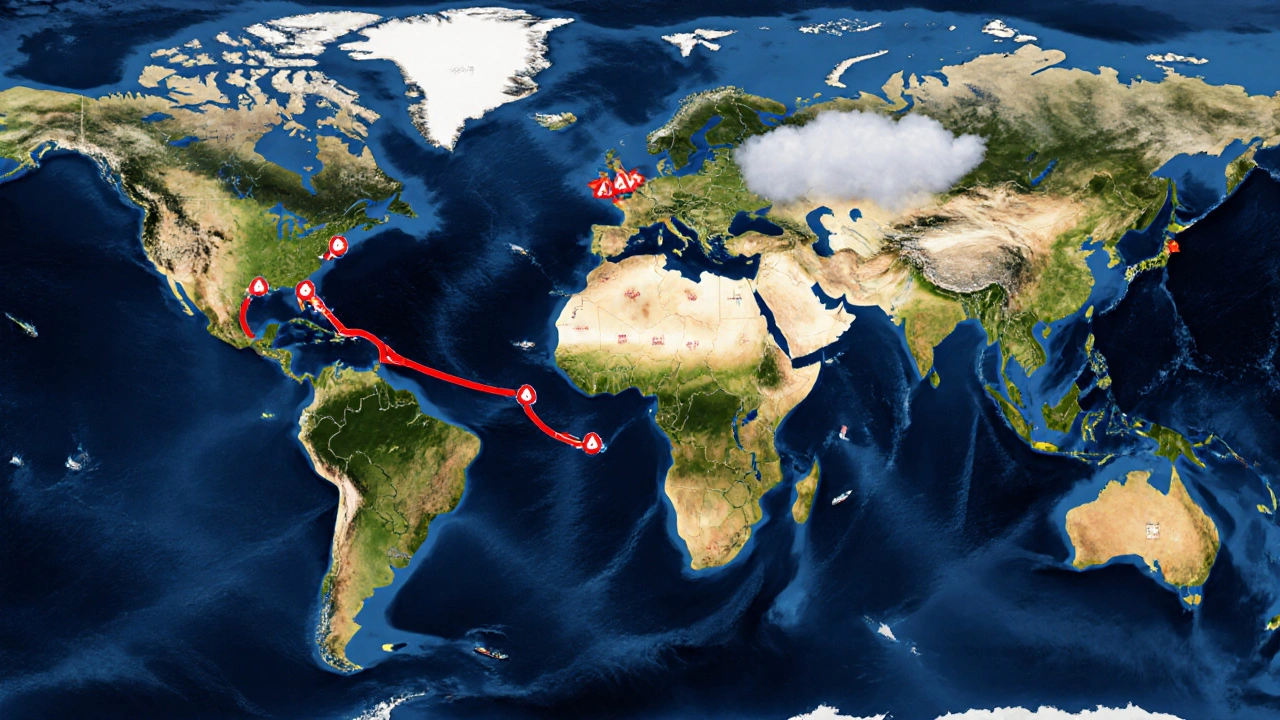 Two shipping routes on a global map—one through Suez, one around Africa—with fuel and insurance symbols highlighting cost differences.