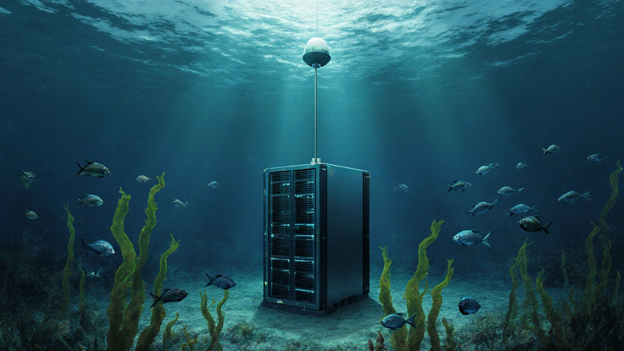 Underwater data center module on the ocean floor with fish swimming around it.