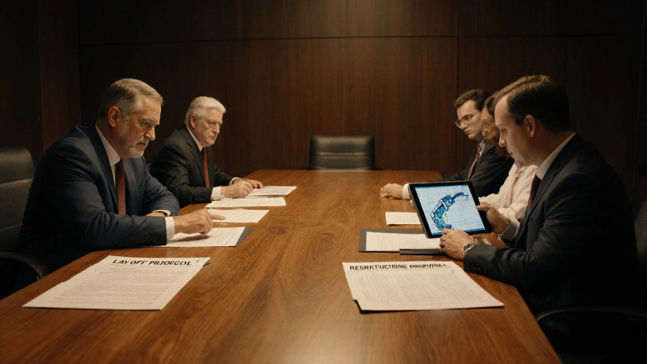 Union and management representatives negotiate layoffs using contract documents and robot schematics in a conference room.