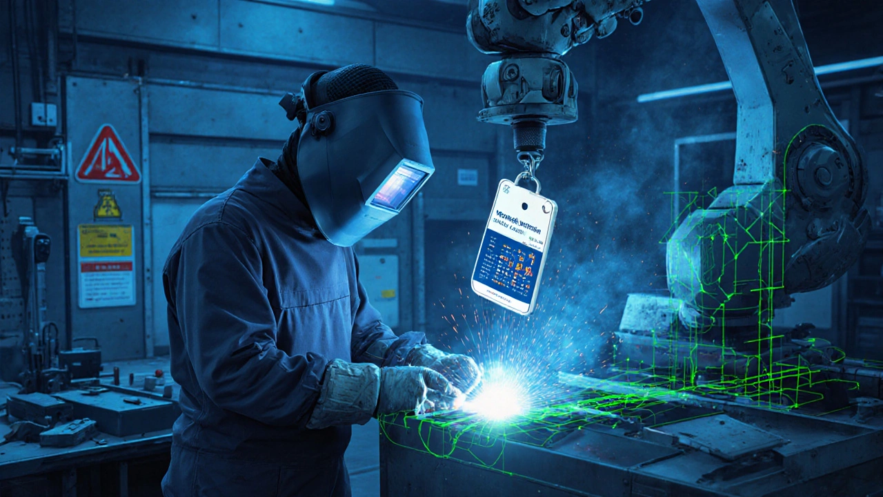 Welder with a floating 3D scan of his weld, AI analysis metrics glowing beside him.