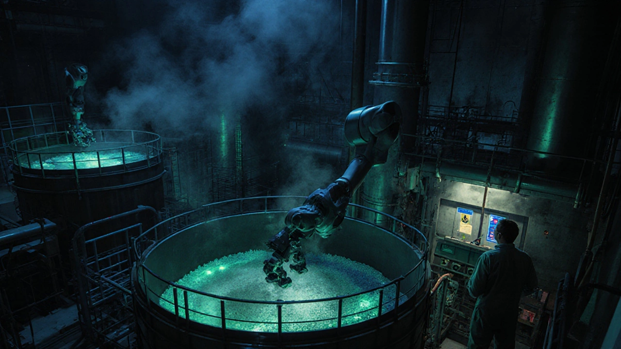 Workers in protective gear monitor chemical tanks in a rare earth processing plant in China, glowing liquids and steam filling the room.