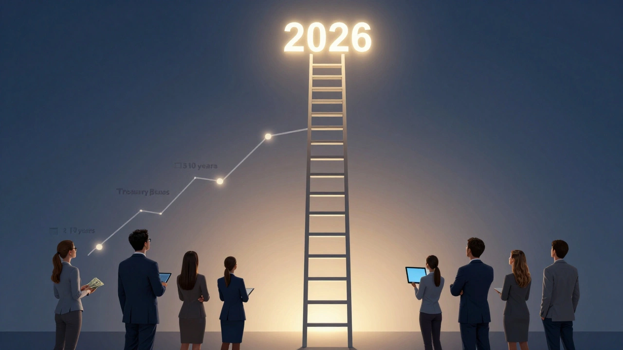 A bond ladder ascending toward 2026, with intermediate-term bonds glowing brightest, symbolizing strategic investment timing.