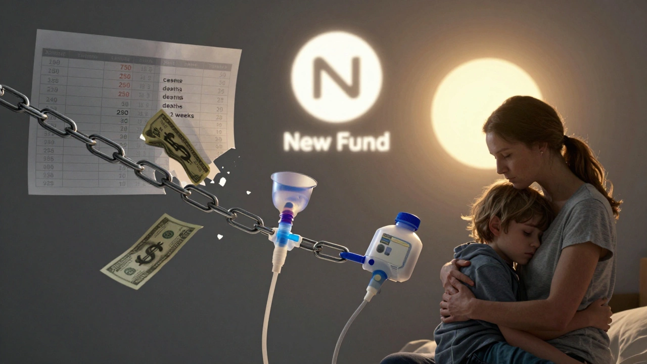 A broken financial bond chain leads to a shut-off ventilator and a mother holding her sick child, with a new fund glowing in the distance.