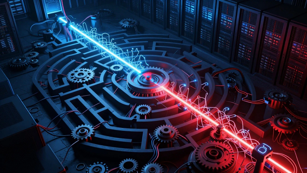 A complex web of gears and wires inside a server room channels angry posts to millions of users.