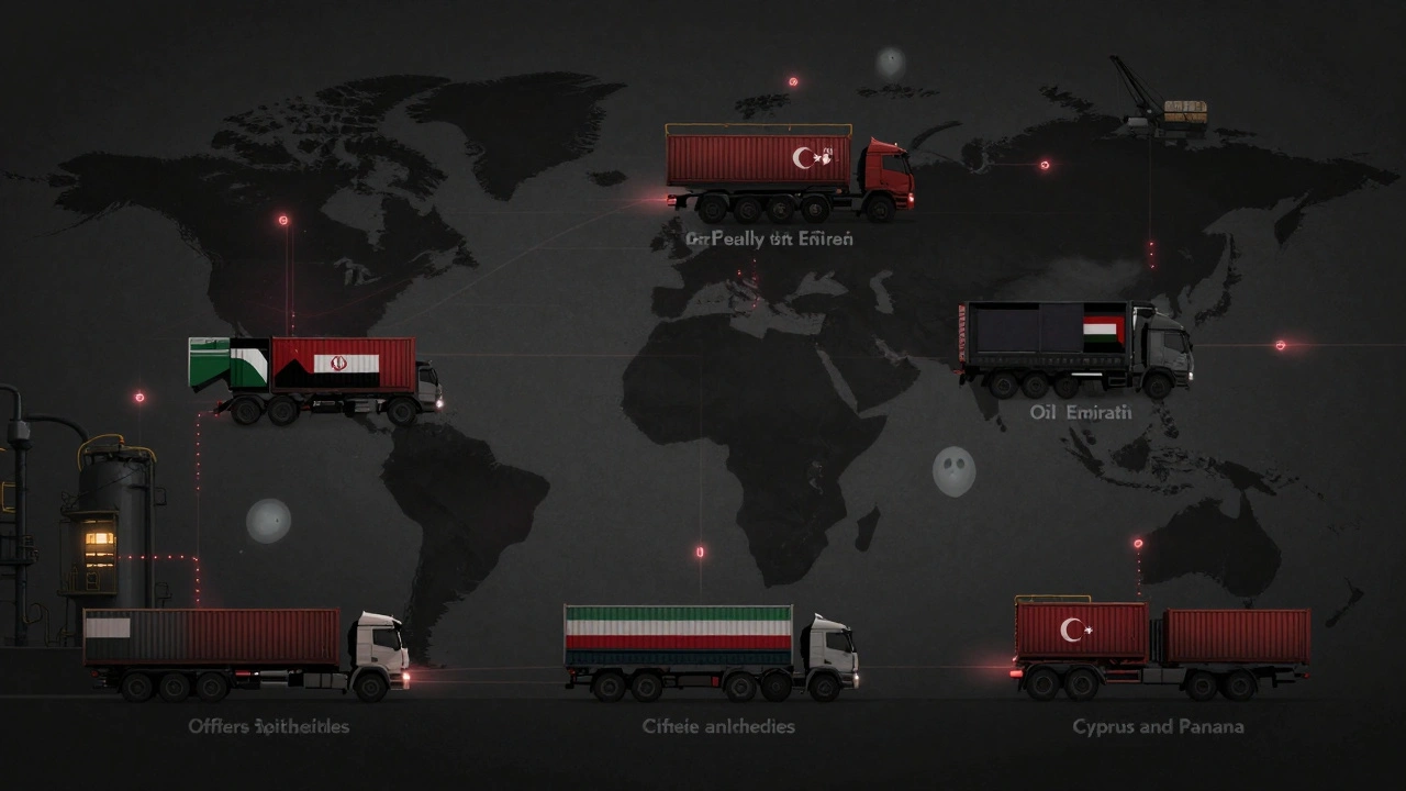 A covert global oil shipment chain with hidden shell companies and re-labeled cargo in shadowy ports.