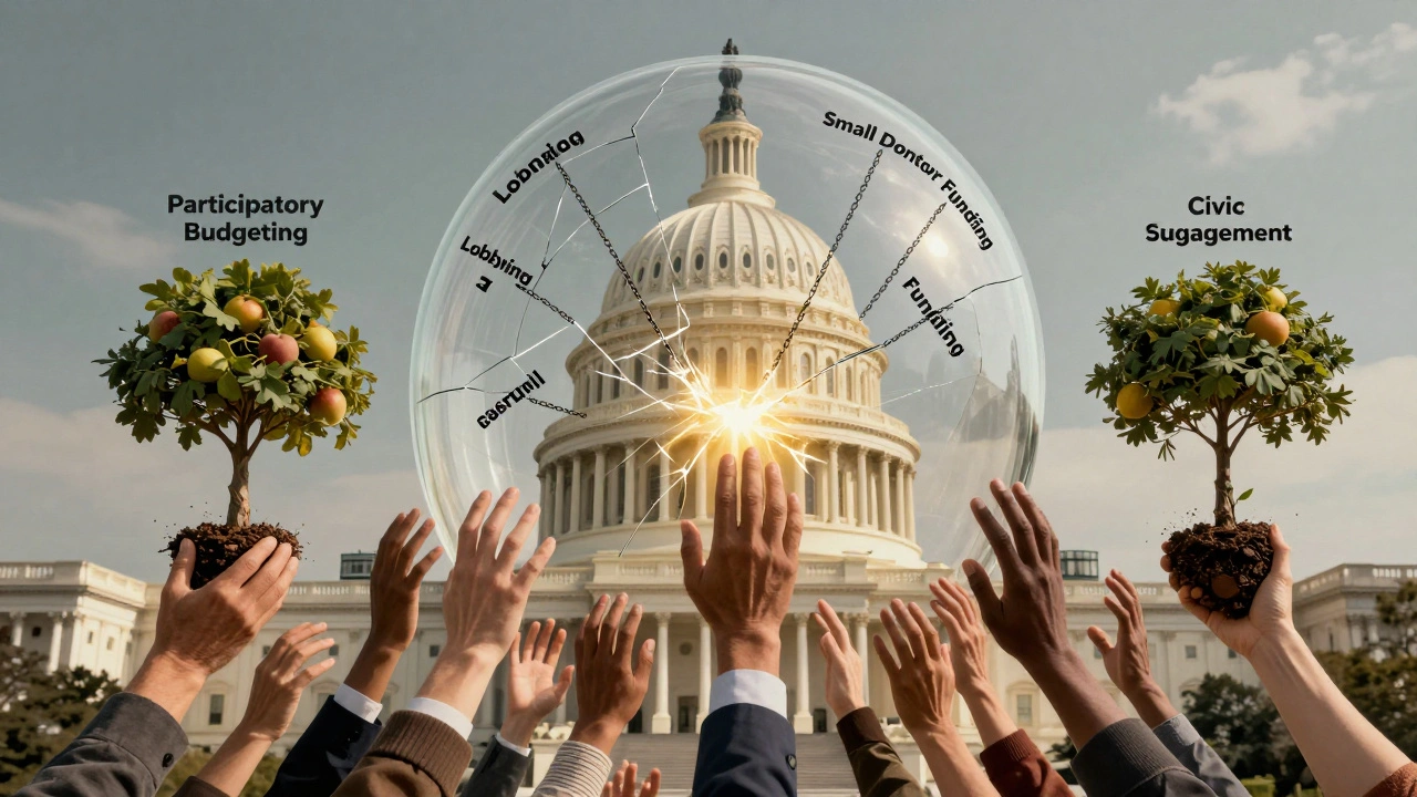 A cracked dome over the Capitol breaks apart as citizens plant seeds of democratic reform.