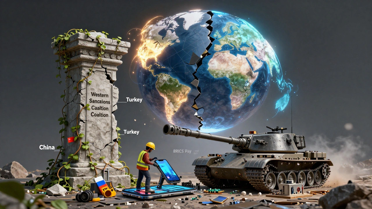 A crumbling sanctions coalition pillar overgrown with new trade networks, while Russia rebuilds with non-Western tech.