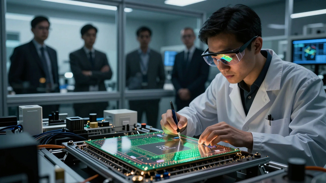A custom AI chip under development in a high-tech lab with analysts observing in the background.
