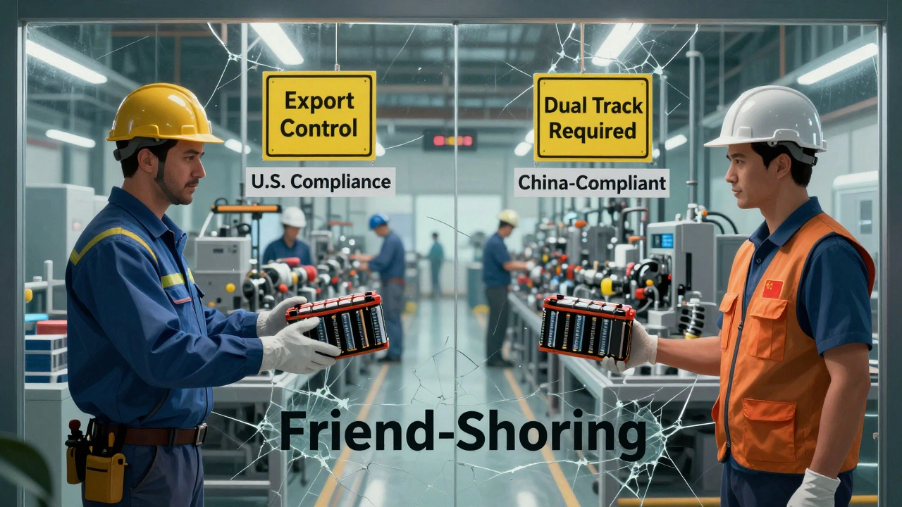 A factory worker in Mexico handing batteries to U.S. and Chinese engineers across a cracked glass wall.