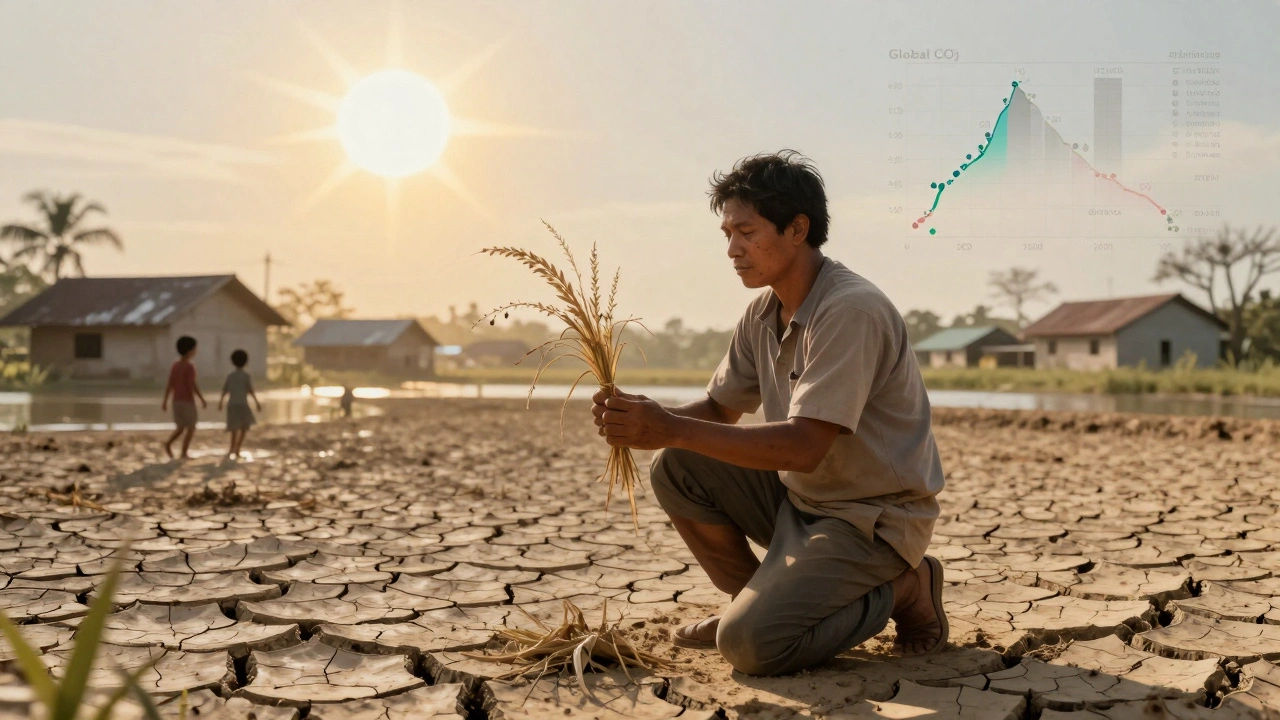 A Filipino farmer in a dry, cracked field holding a withered crop, ghostly images of displaced families in the distance under a blazing sun.
