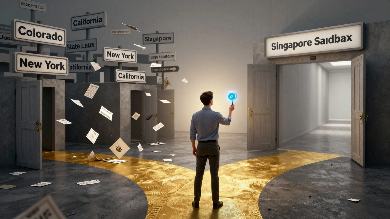 A founder stands at a crossroads: one path leads to chaotic state law signs, the other to a clear sandbox corridor with AI tool.