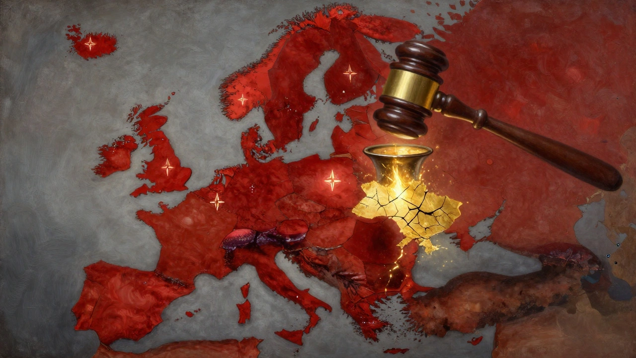 A fractured European map shows Russia&#039;s occupied lands glowing red, NATO symbols fading, and Ukraine as a cracked vase spilling light.
