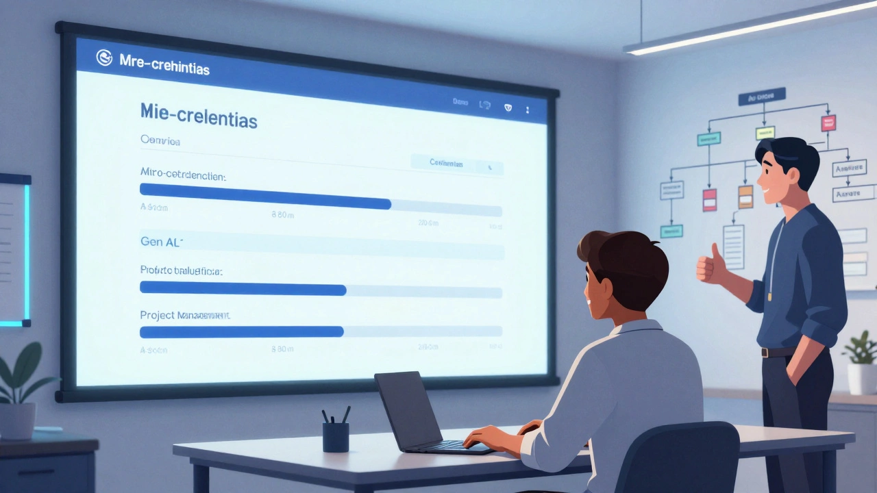 A Gen Z employee completes a skill-based training module on a digital dashboard, supported by a mentor.