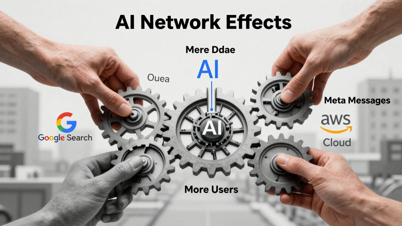 A giant gear system of AI network effects crushes startup logos under hands labeled Google, Meta, and AWS, showing monopolistic feedback loops.