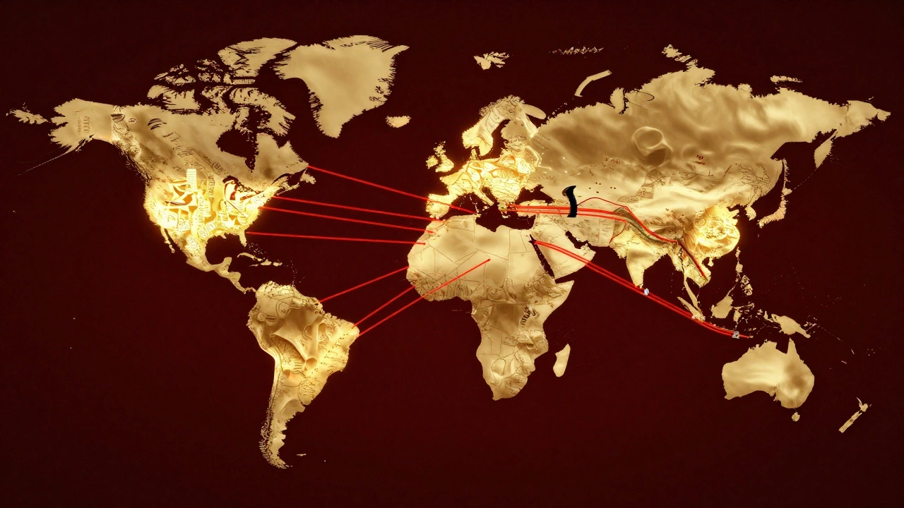 A global map showing AI innovation hubs and regulatory barriers, with China&#039;s path as a fast highway and the U.S. as tangled lines.