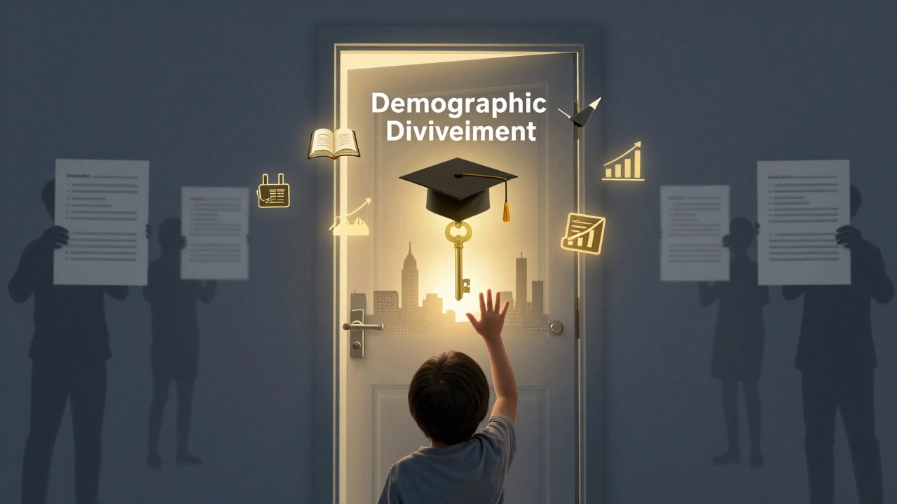 A graduation cap key unlocking a door labeled &#039;Demographic Dividend&#039; to a glowing city.