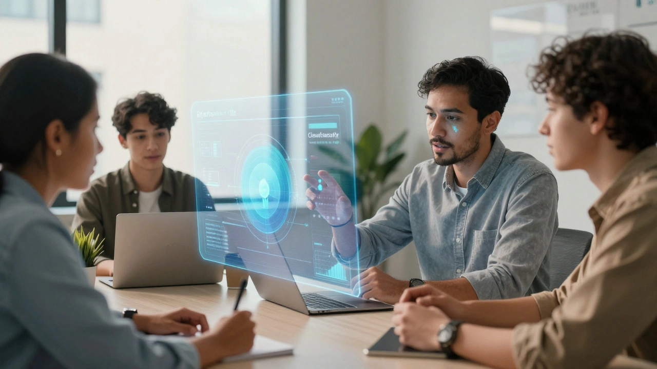 A manager speaking with an employee while skill gap analytics appear as a transparent hologram.