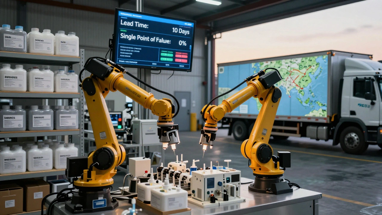 A Mexican warehouse with robots and buffer stock, shipping parts directly to U.S. factories via optimized routes.