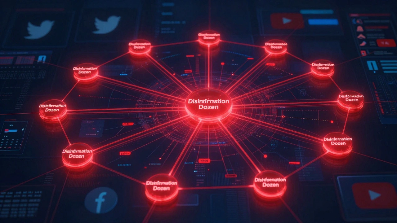 A network map with 12 red nodes connected to thousands of shares, representing the disinformation dozen.