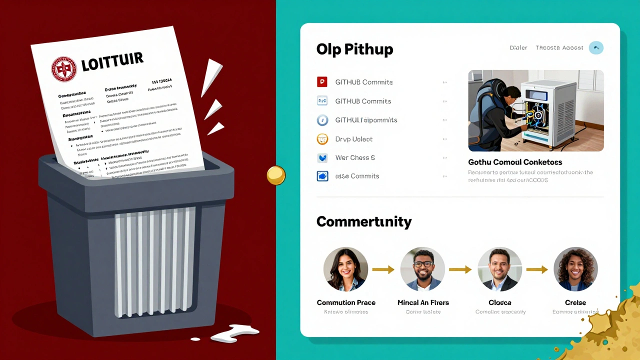 A resume being shredded on one side, while a digital portfolio with real project evidence glows on the other.