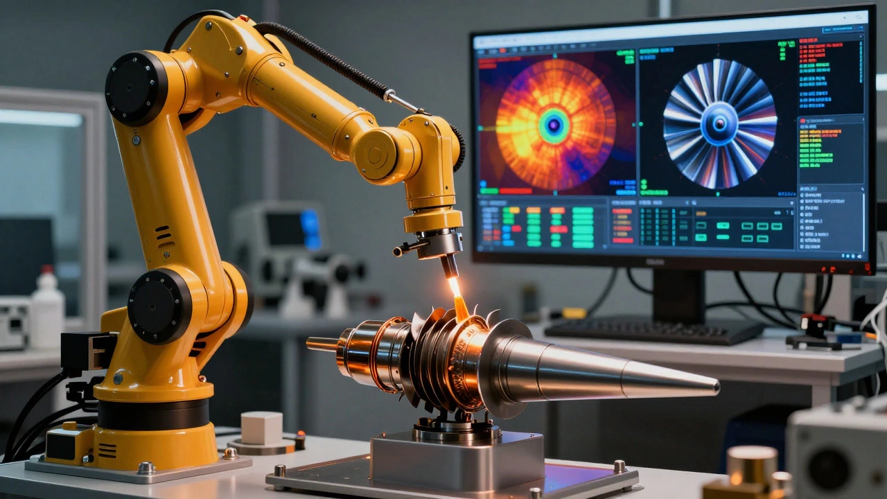A robotic arm applies a nano-coating to a jet engine blade while AI simulations run on a screen.