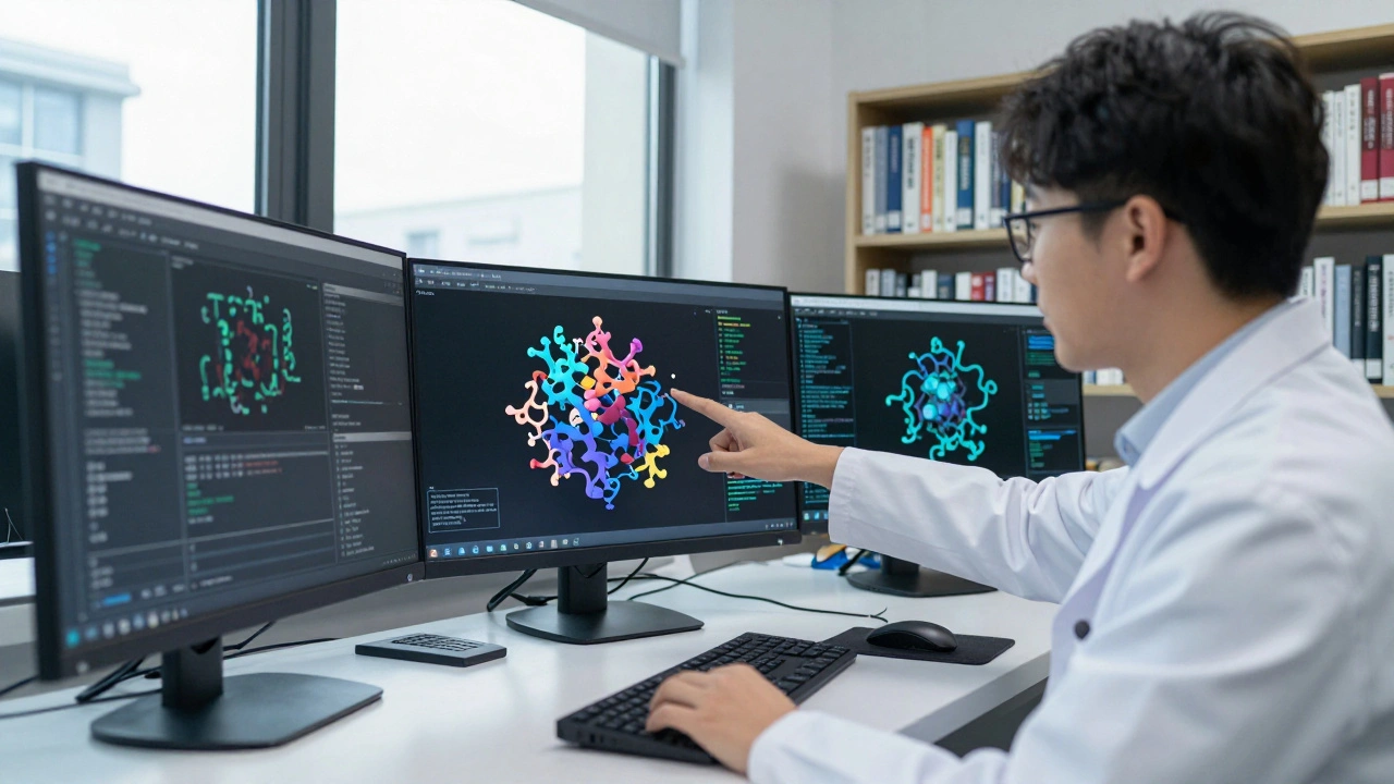 A scientist and AI specialist collaborate beside a screen showing an AI-generated protein structure.