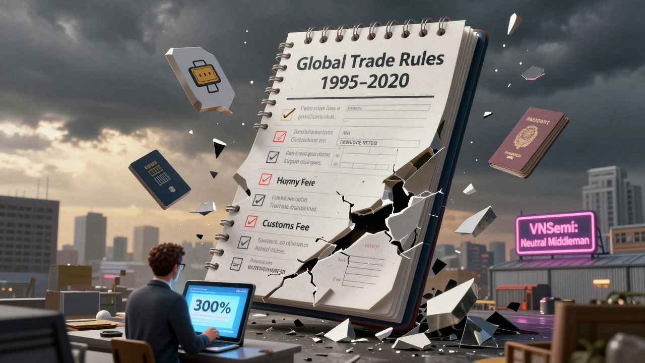 A shattered global trade ledger floating above a city, with a small business owner facing soaring compliance costs.