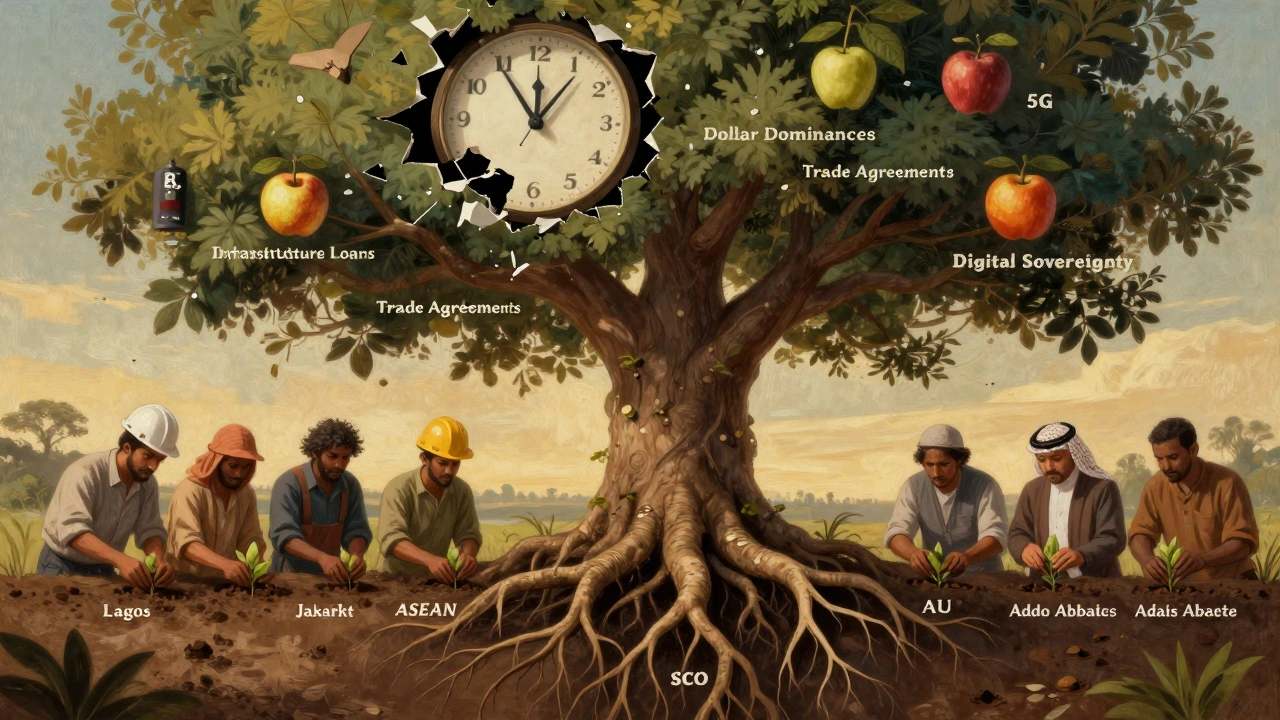 A symbolic tree of regional alliances bearing fruits of sovereignty, with old financial systems crumbling below.