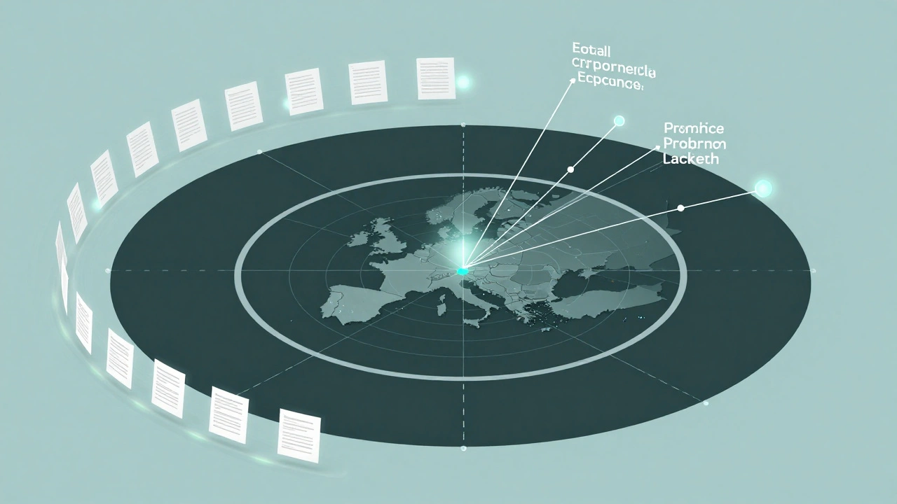 A three-layer radar visualization shows AI policy signals, business impacts, and compliance scenarios in geometric rings.