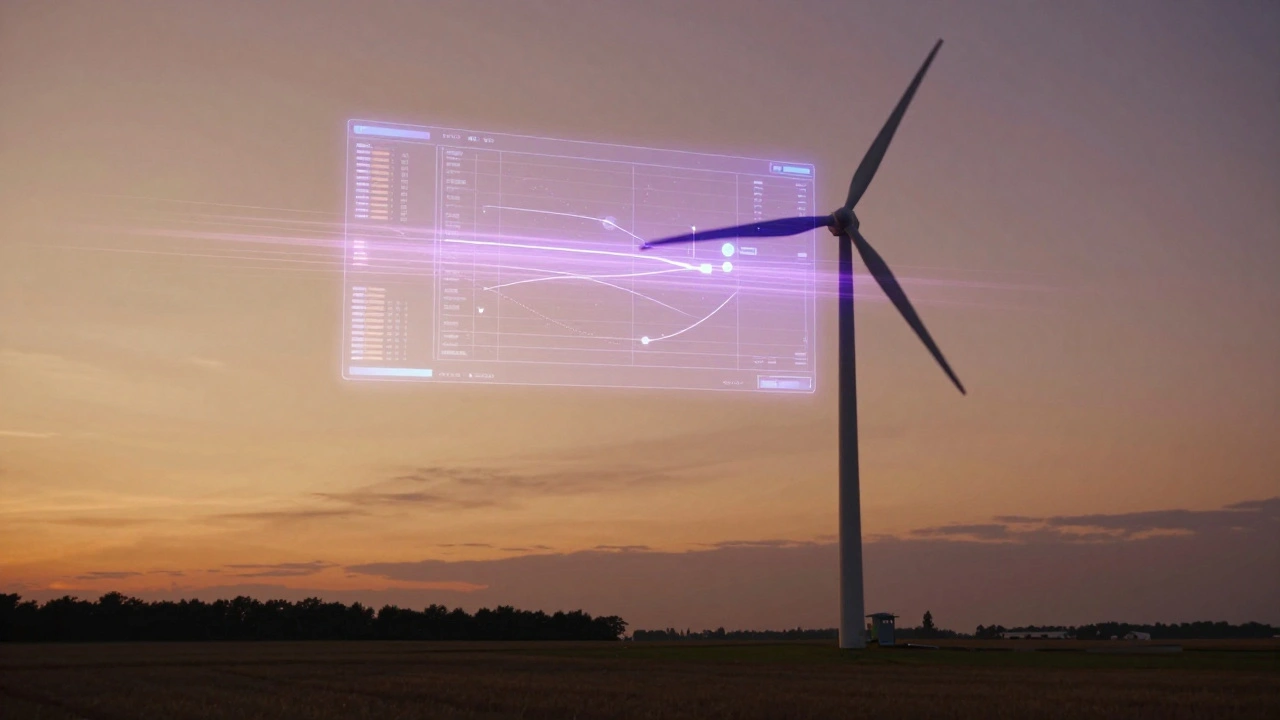A wind turbine with a translucent digital twin above it, displaying predictive stress and failure patterns.