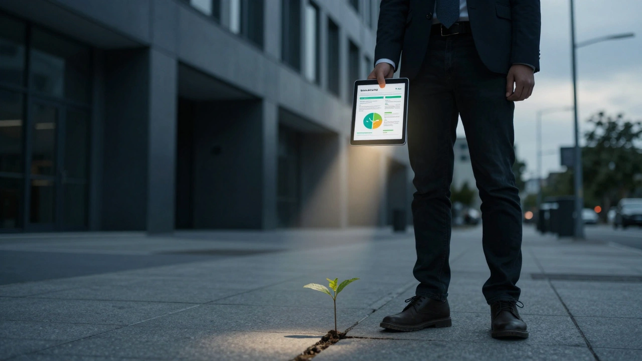 A young professional reviews a company's sustainability report on a sidewalk, with a dark corporate building in the background.