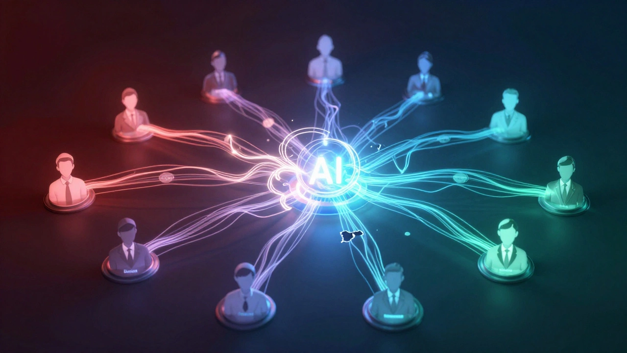 Abstract network of employees connected by knowledge threads flowing into an AI core, symbolizing literacy levels.