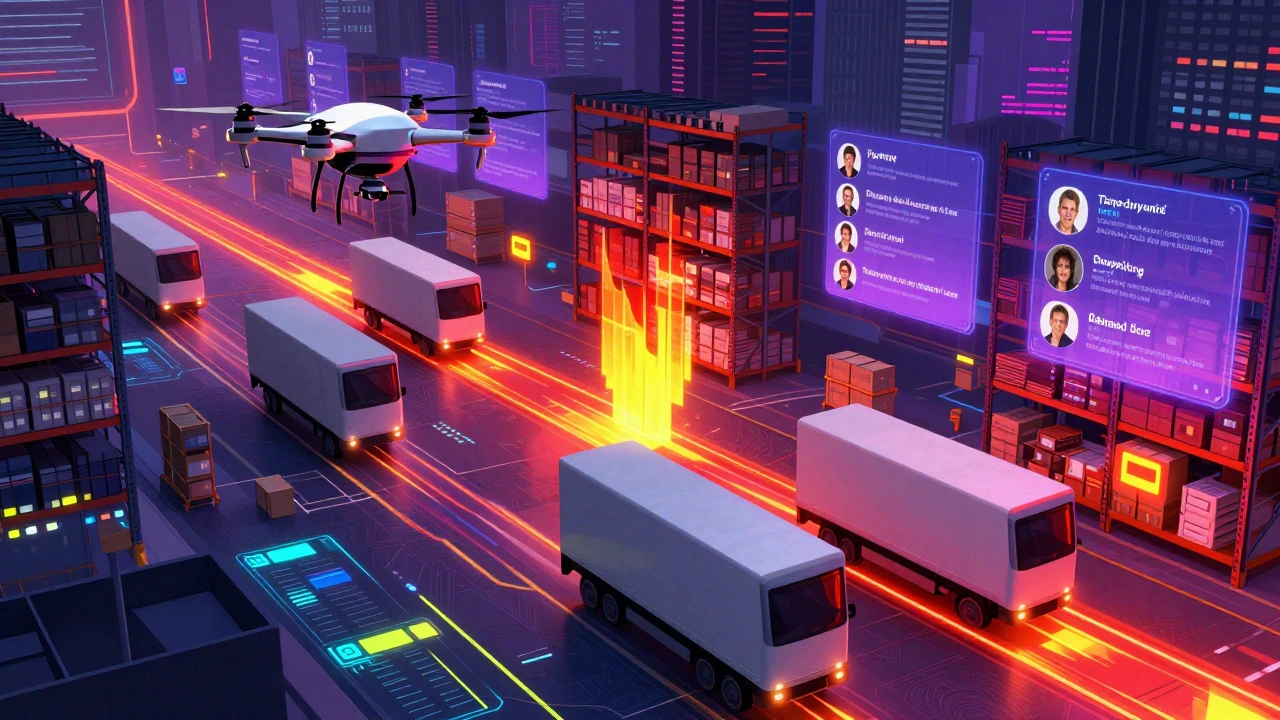 AI-powered retail warehouse with drones, digital demand maps, and floating personalized product bundles.