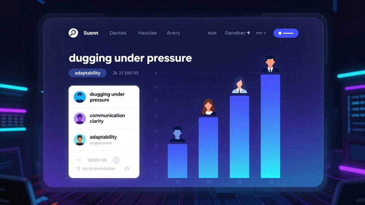 An AI hiring dashboard showing skill metrics and diverse candidate avatars rising on a merit-based leaderboard.
