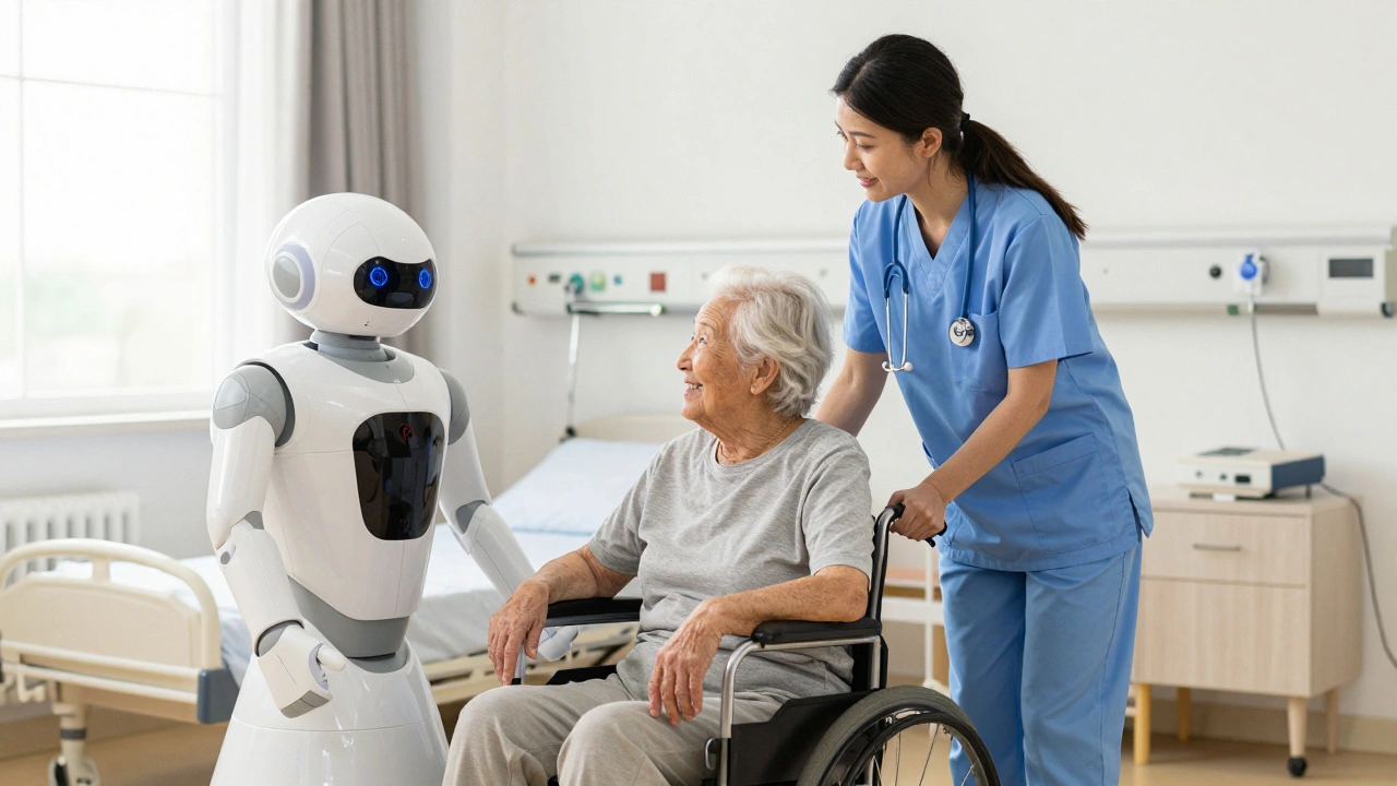 An elderly person is helped to stand by a care robot while a nurse watches nearby.