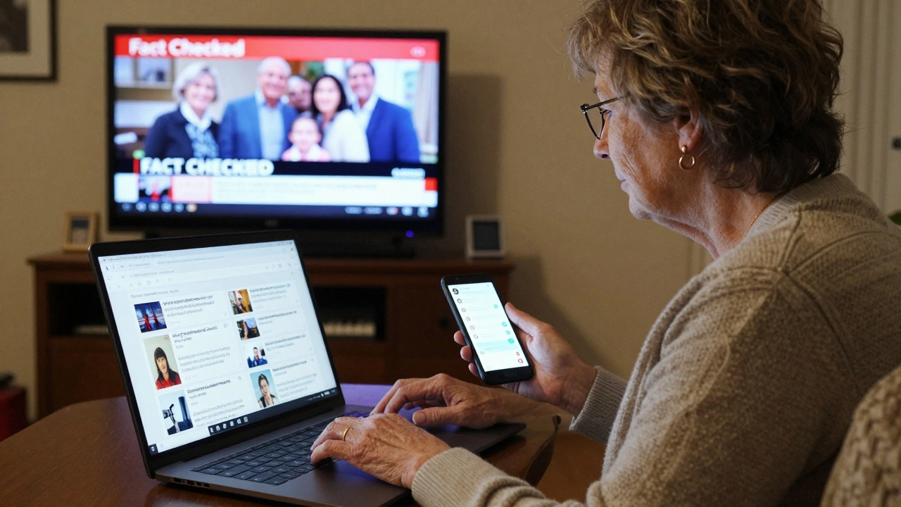 An older woman typing on a laptop surrounded by fake news tabs, with mainstream news muted on TV in background.