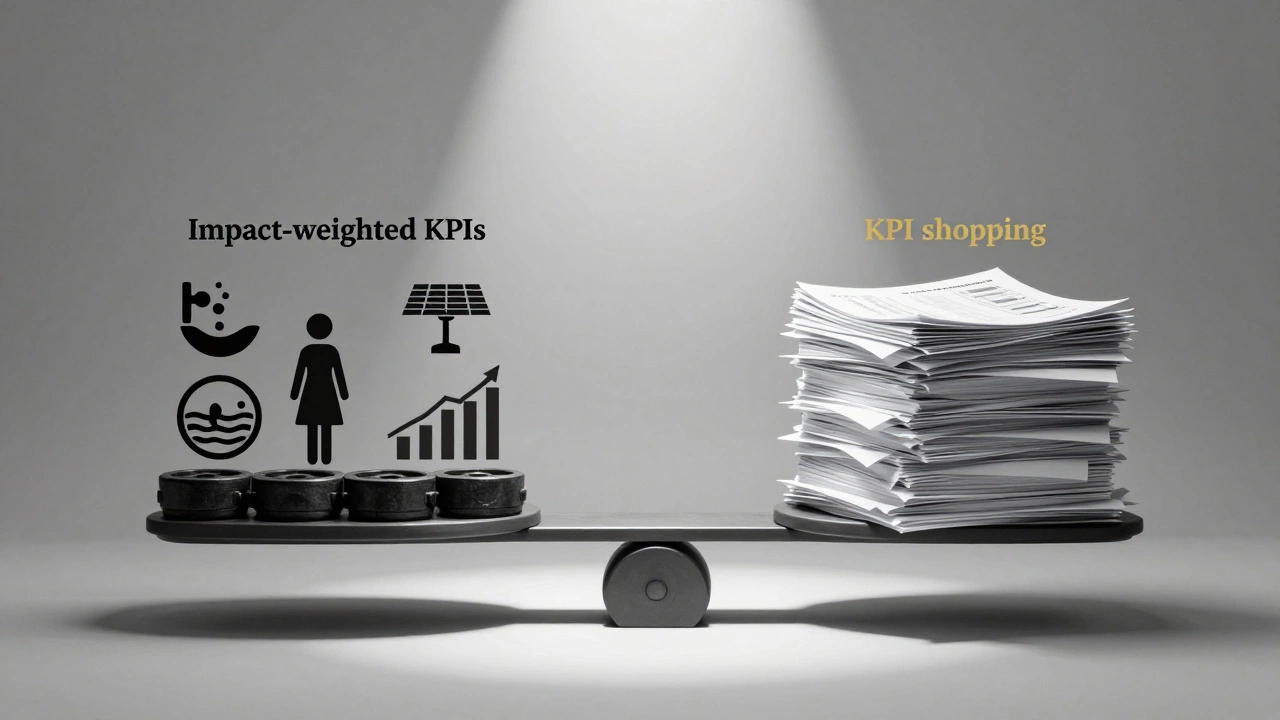 Balanced scale weighing meaningful impact metrics against outdated performance indicators.