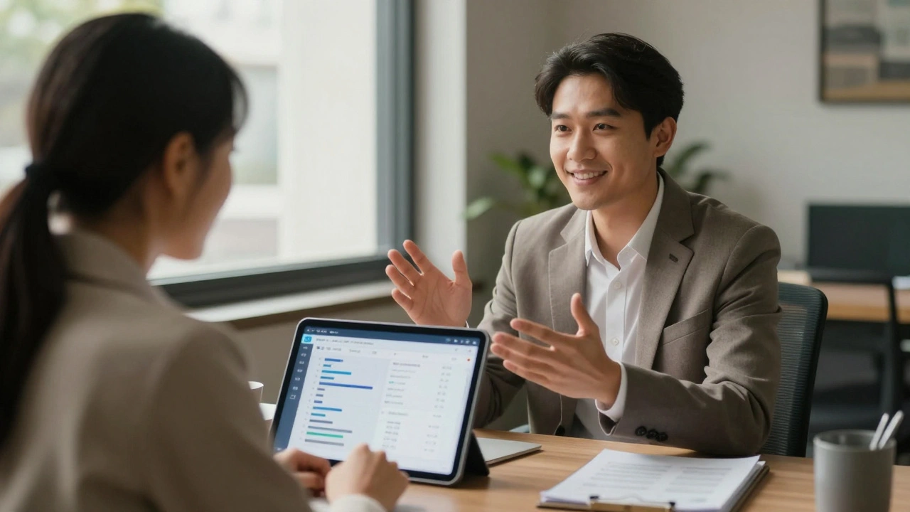 Bank loan officer explaining financial options to a client using an AI tablet