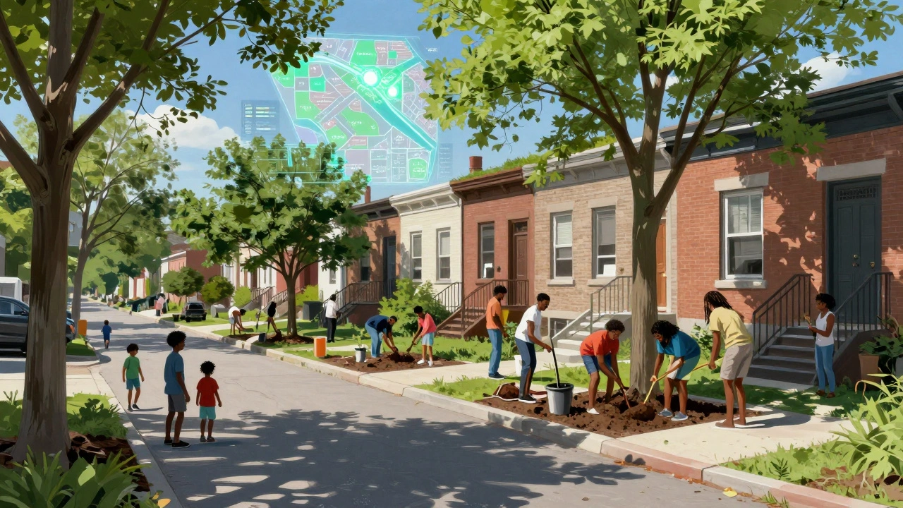 Community members planting trees and installing green roofs in Detroit, with children playing in new shade and a digital climate equity map glowing above.
