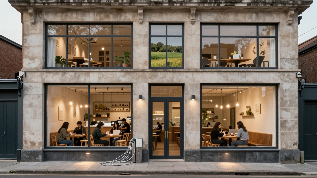 Converted historic bank building with a coffee shop downstairs and apartment upstairs, surrounded by rural landscape.