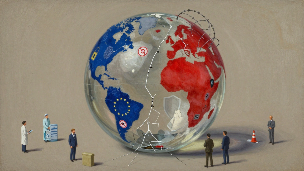 Cracked global internet globe divided by U.S. security and EU privacy symbols, with teams trying to repair it.