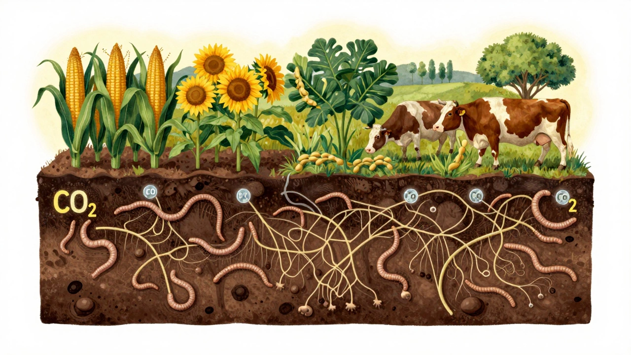 Cross-section of healthy farm soil with plants, worms, fungi, and carbon being stored underground.