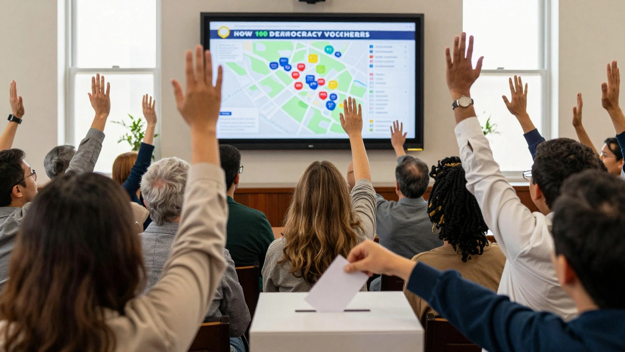 Diverse community members actively participating in a town hall, engaging with democracy voucher information on a screen.
